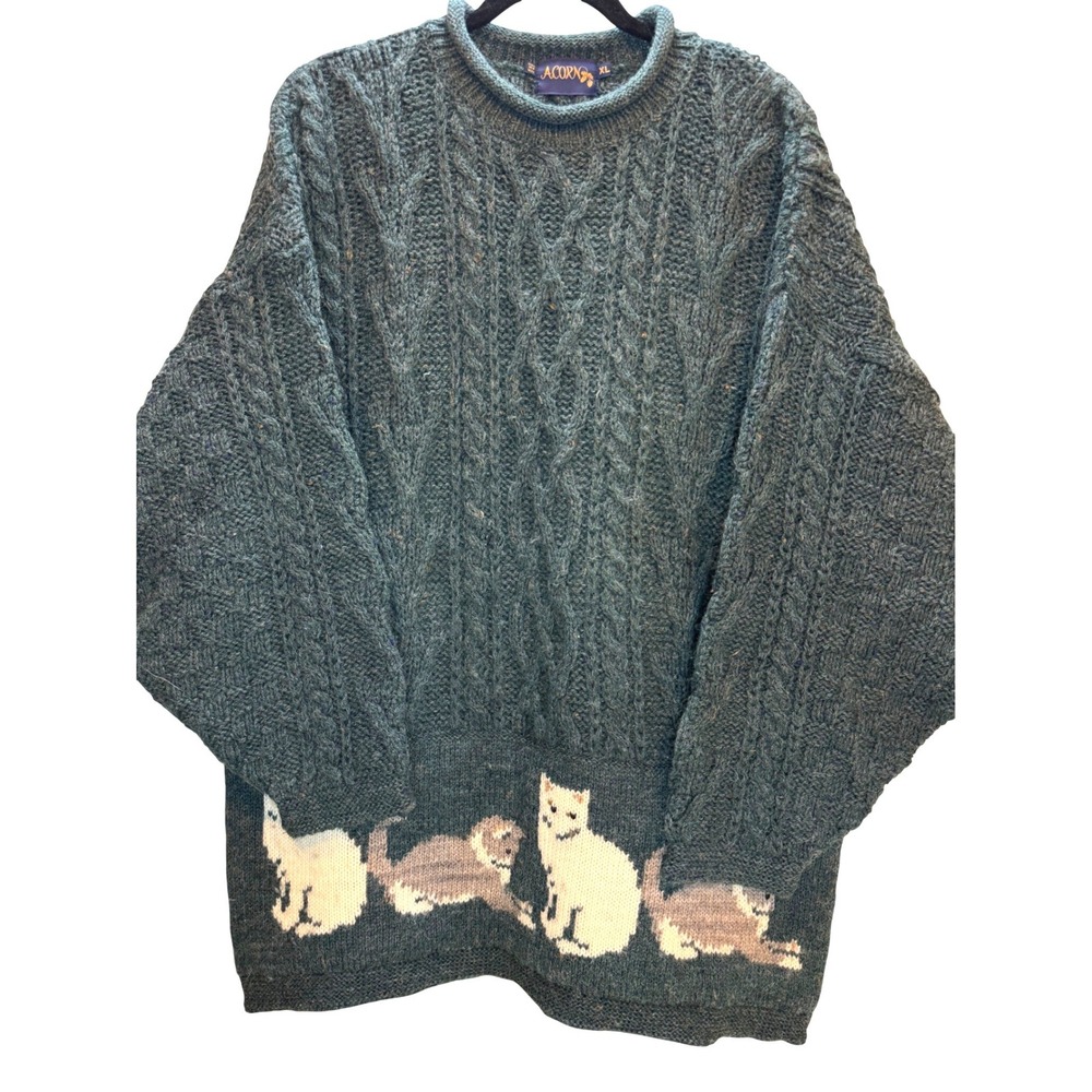 Vtg Acorn Sweater Mens XL Green Cat Cable Knit 100% Wool Grandmacore Chunky Cozy